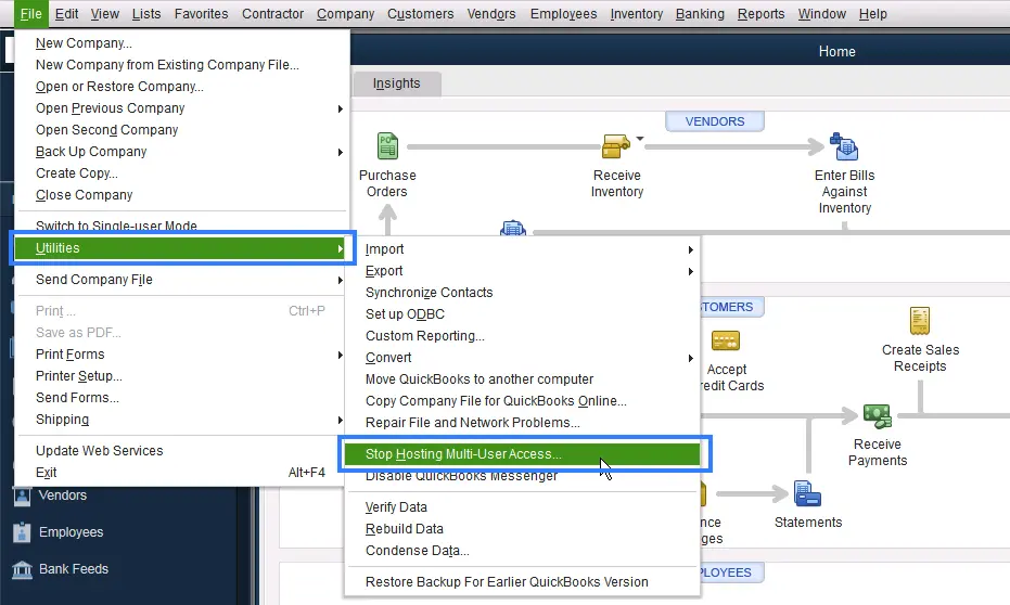 Choose the option to Stop Hosting Multi-User Access if it is available.