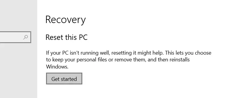 Recovery tab in Windows