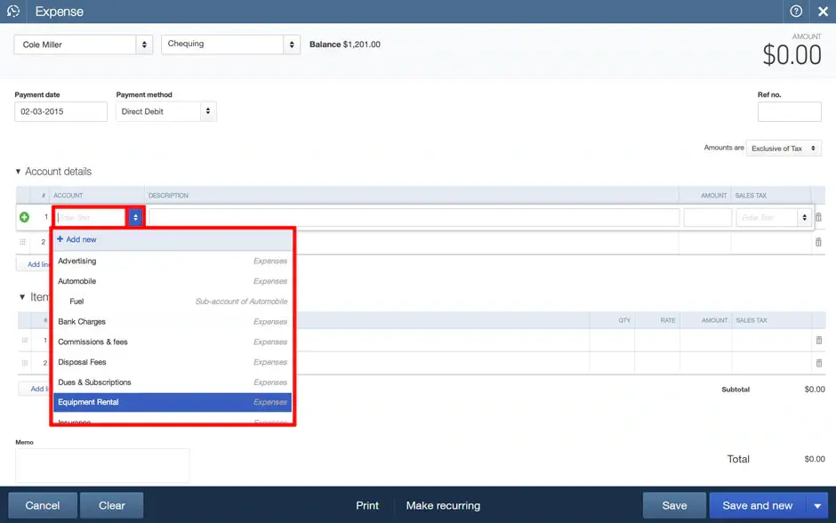 Under Account, you have to choose a category for the purchase that you have made.