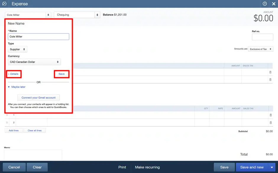 You have to click on +details to add more information like the type of currency & supplier or vendor, etc. To do it later you can select Save.