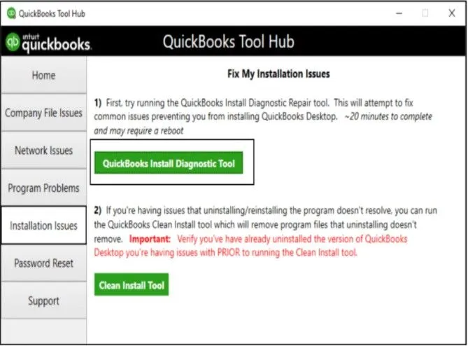 In the Tool Hub dialog box, select Installation Issues and then QuickBooks Install Diagnostic Tool