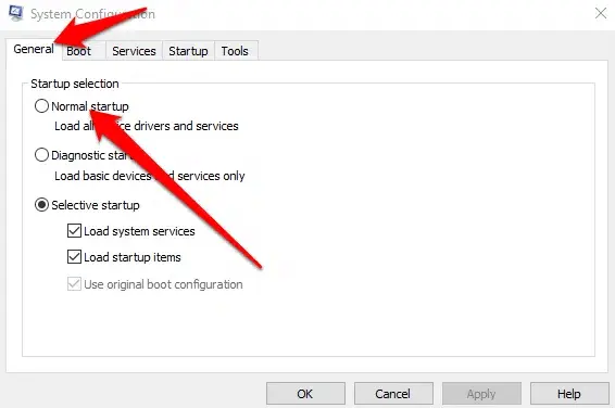 Then click on the Normal startup