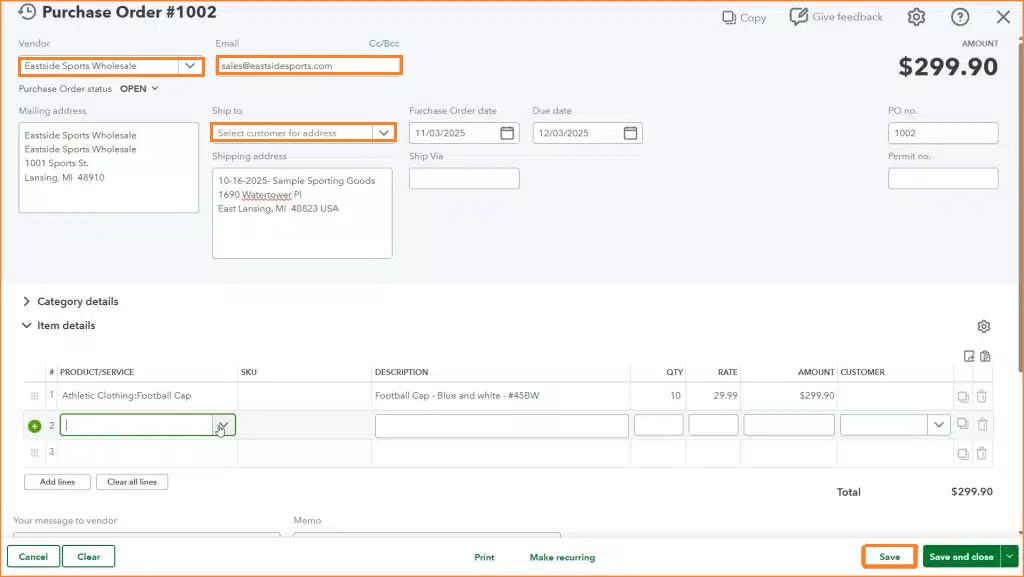 create a purchase order in QuickBooks Online